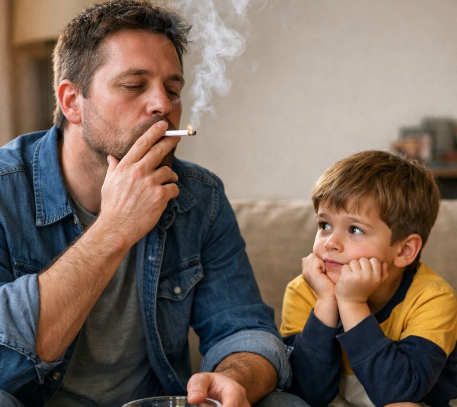 Παθητικό κάπνισμα: παιδί εκτεθειμένο στον καπνό τσιγάρου από ενήλικα σε εσωτερικό χώρο.