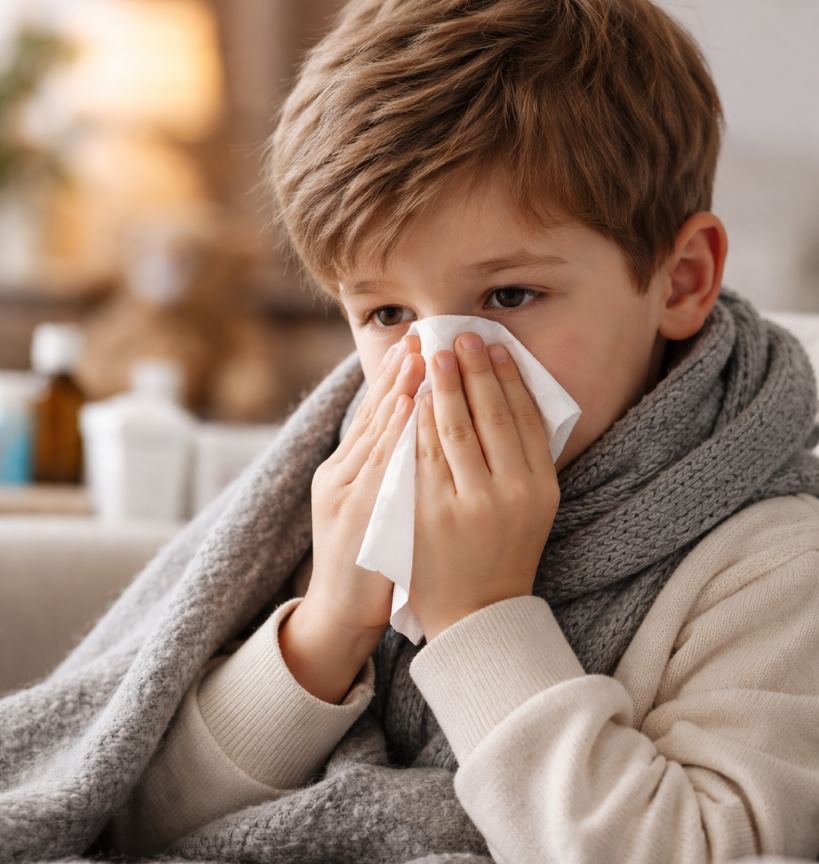 Παιδί με ιογενή λοίμωξη του αναπνευστικού που φυσάει τη μύτη του σε χαρτομάντηλο. Ιογενείς λοιμώξεις του αναπνευστικού.