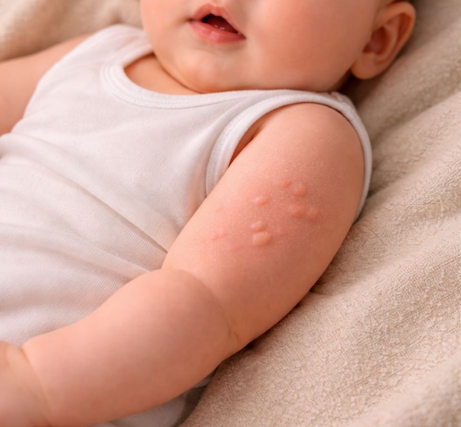 Κνίδωση στα παιδιά. Χέρι βρέφους με υπεγερμένες ερυθηματώδεις δερματικές βλάβες, χαρακτηριστικές αλλεργικής αντίδρασης