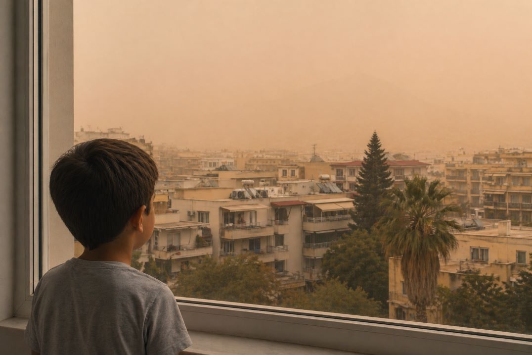 Παιδί κοιτάζει από το παράθυρο του σπιτιού του την επιβαρυμένη ατμόσφαιρα από Αφρικανική σκόνη πάνω από την πόλη.