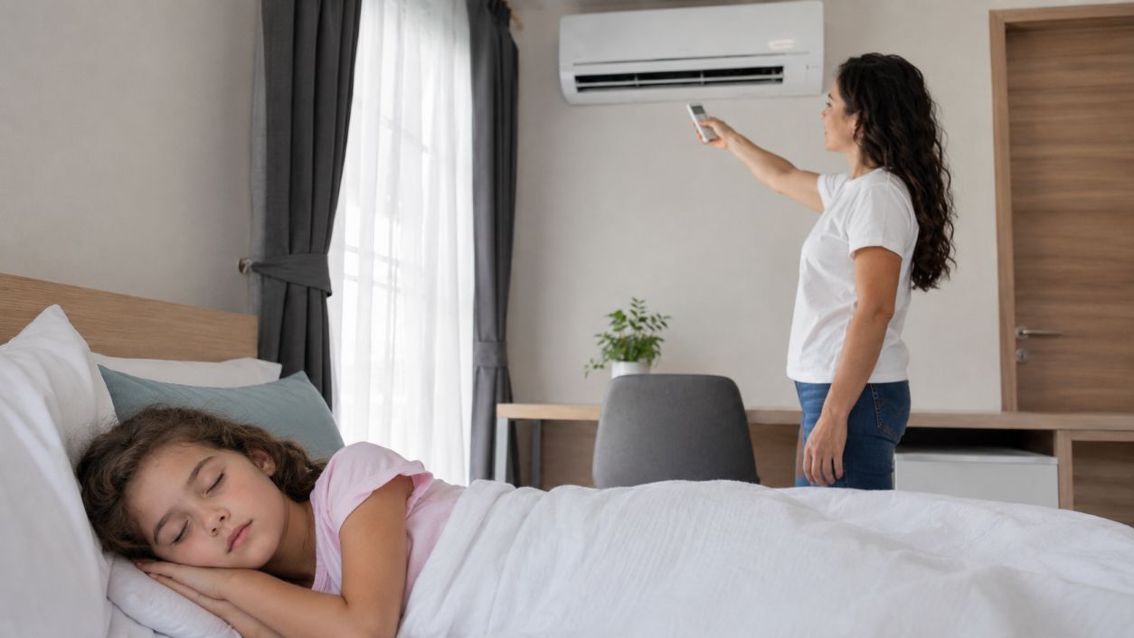 Παιδί κοιμάται σε κλιματιζόμενο δωμάτιο ενώ η μητέρα ρυθμίζει το κλιματιστικό – κλιματιστικό και παιδιά